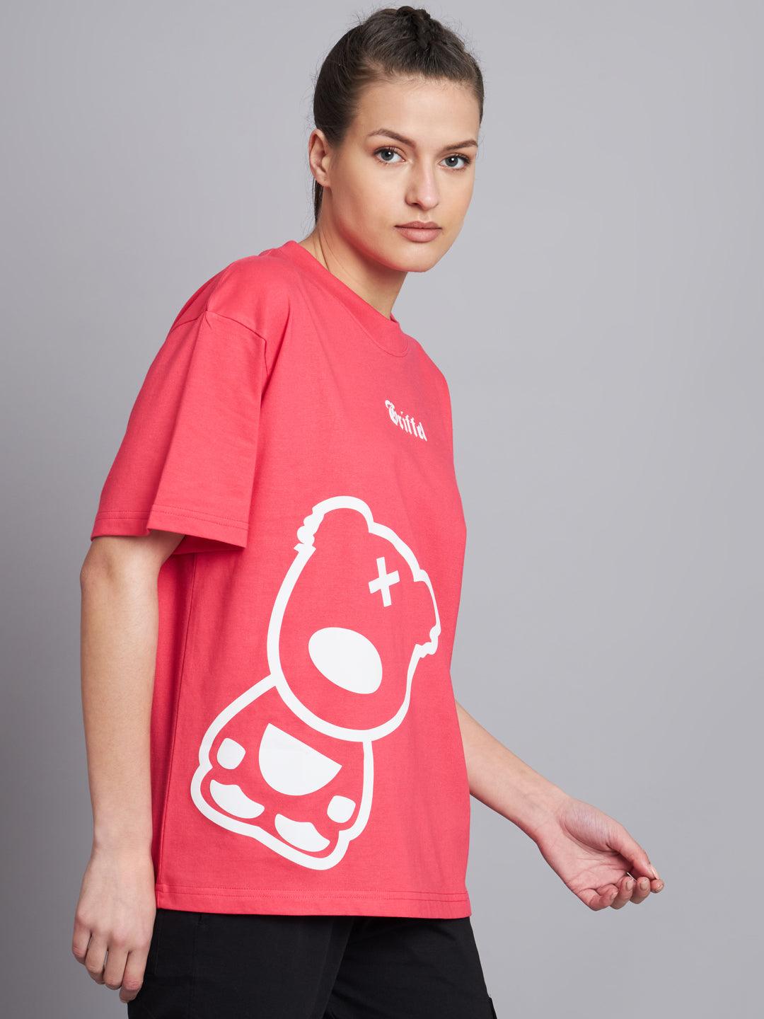 GRIFFEL Women TEDDY oversized Drop Shoulder Neon Pink T-shirt - griffel