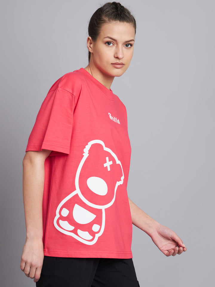 GRIFFEL Women TEDDY oversized Drop Shoulder Neon Pink T-shirt - griffel