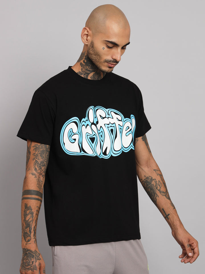 GRIFFEL Men Printed Candy Giffel Black Oversized fit Cotton T-shirt - griffel