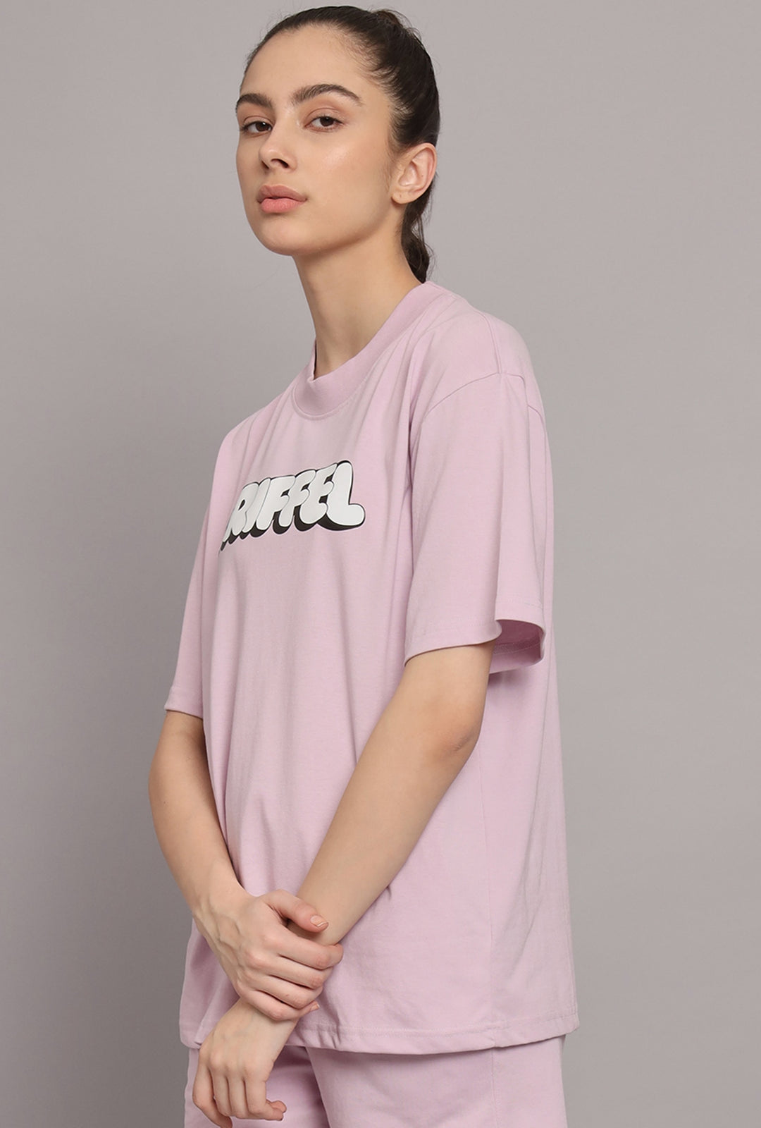 GRIFFEL Women Printed Loose fit Light Purple T-shirt - griffel