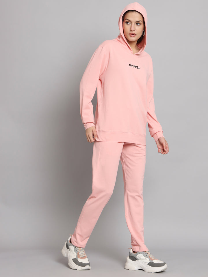 Griffel Women Solid Cotton Matty Basic Hoodie and Joggers Full set Peach Tracksuit