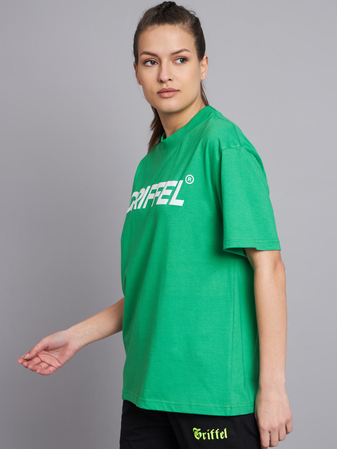 GRIFFEL Women SIGNATURE LOGO oversized Drop Shoulder Neon Green T-shirt - griffel