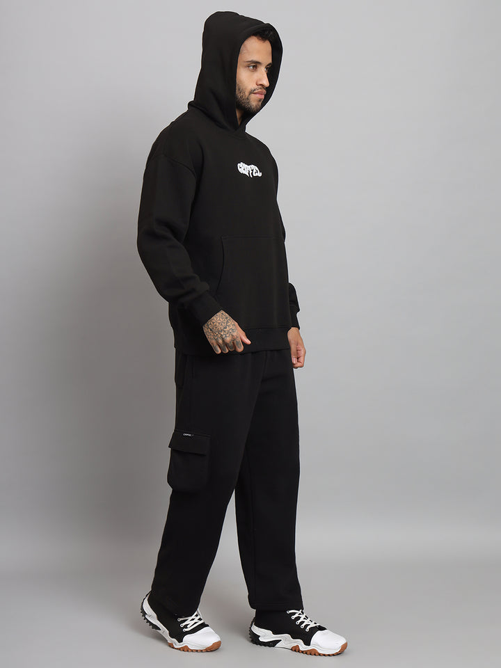 Griffel Men Oversized Fit Absent Minded Print 100% Cotton Black Fleece Hoodie and trackpant - griffel