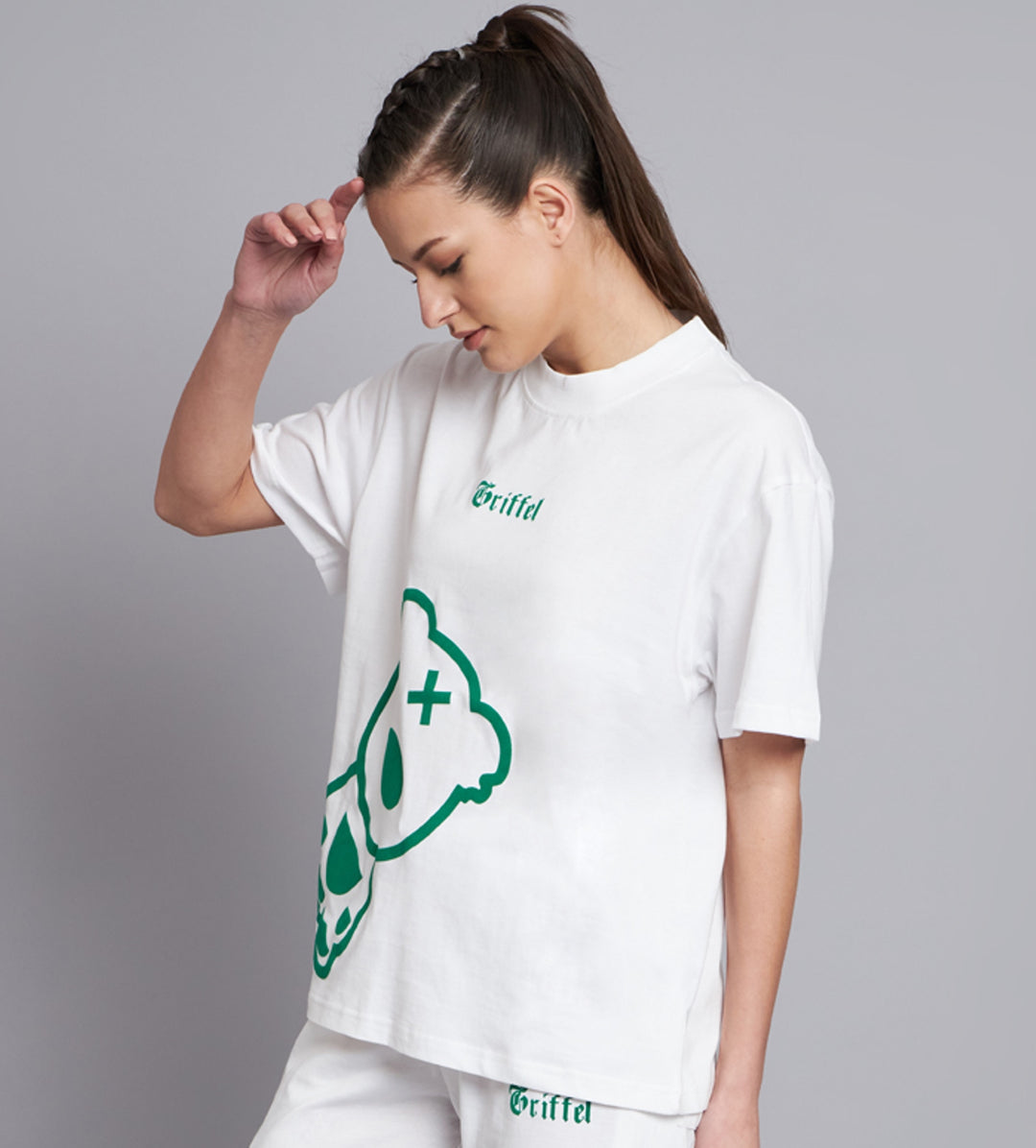 GRIFFEL Women Printed Green Teddy Oversized White T-shirt - griffel