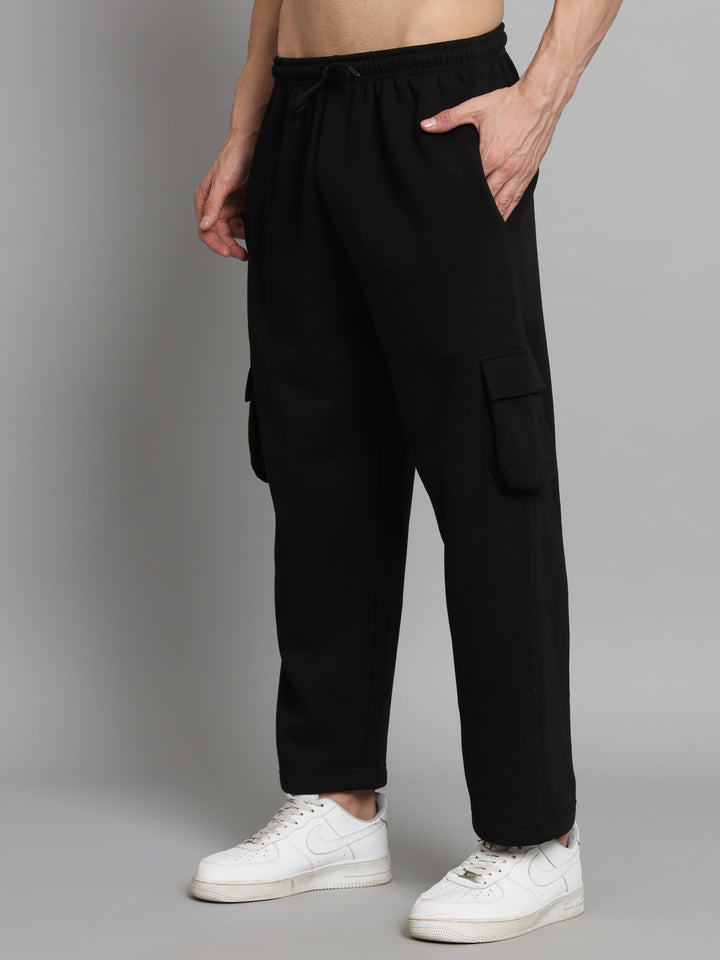 GRIFFEL Men Oversized Fit Fleece 5 Pocket Front Logo Black  Trackpants
