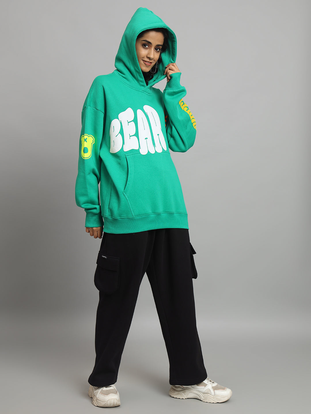 Griffel Women Oversized Fit BEAR Print 100% Cotton Bottel Green Fleece Hoodie and trackpant - griffel