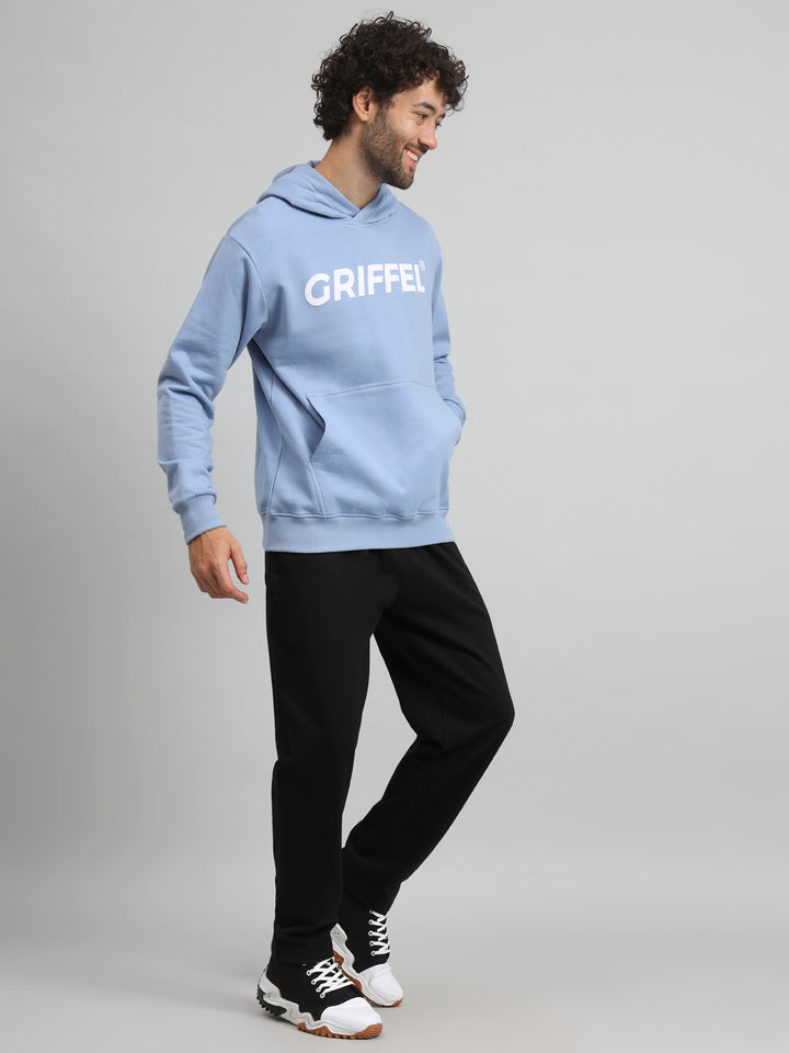 Griffel Men's Regular Fit Front Logo Fleece Basic Hoodie Neck and Joggers Full set Sky Blue Tracksuit