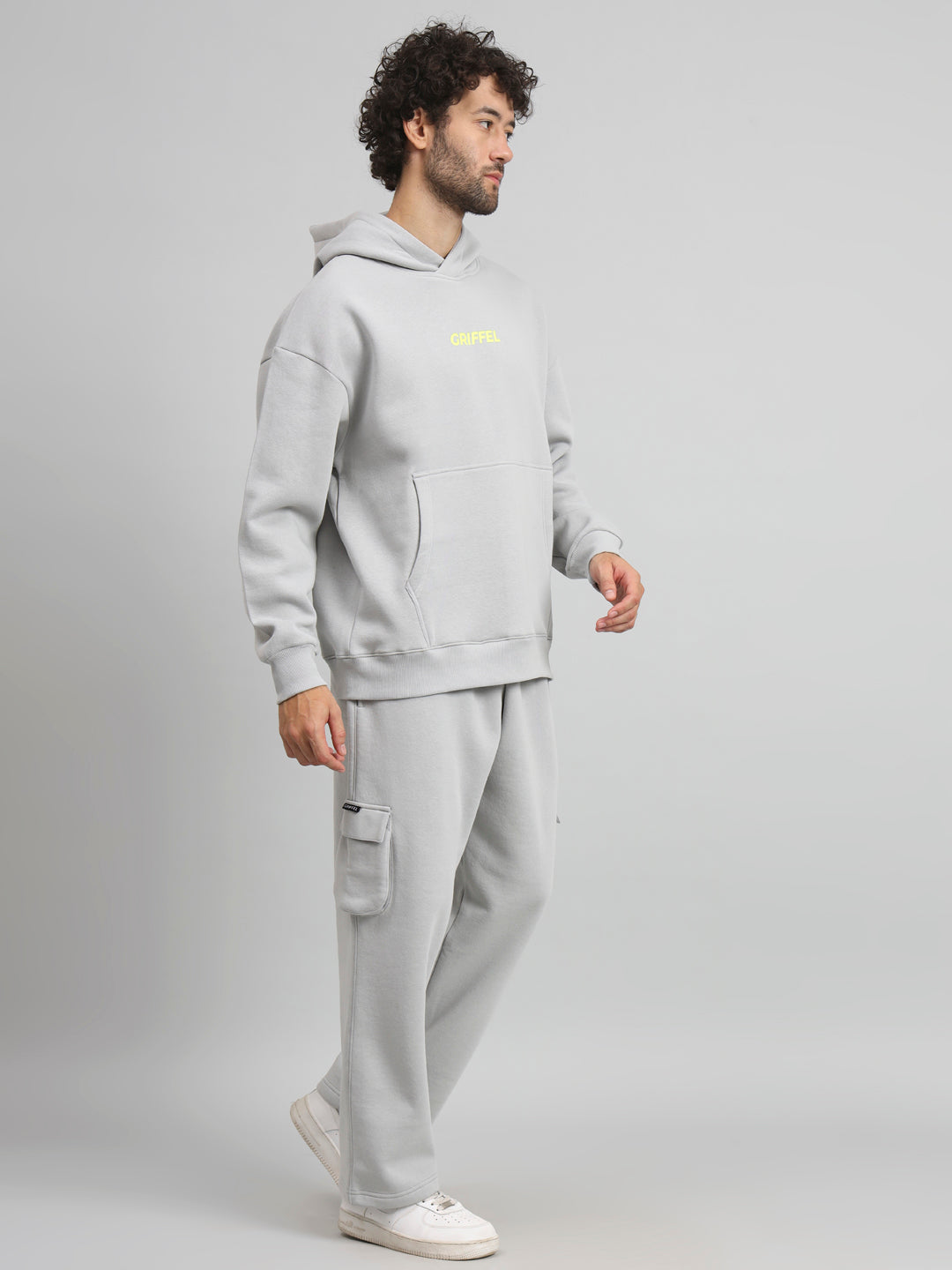 Griffel Men Oversized Fit Front Logo 100% Cotton Steel Grey Fleece Hoodie and trackpant