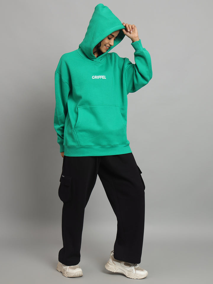 Griffel Women Oversized Fit Front Logo 100% Cotton Bottel Green Fleece Hoodie and trackpant - griffel