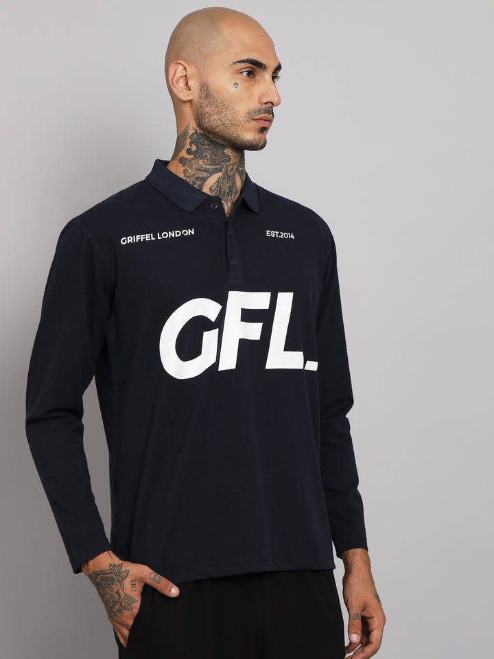 GRIFFEL Men's Navy GFL Printed Cotton Full Sleeve Polo T-shirt - griffel