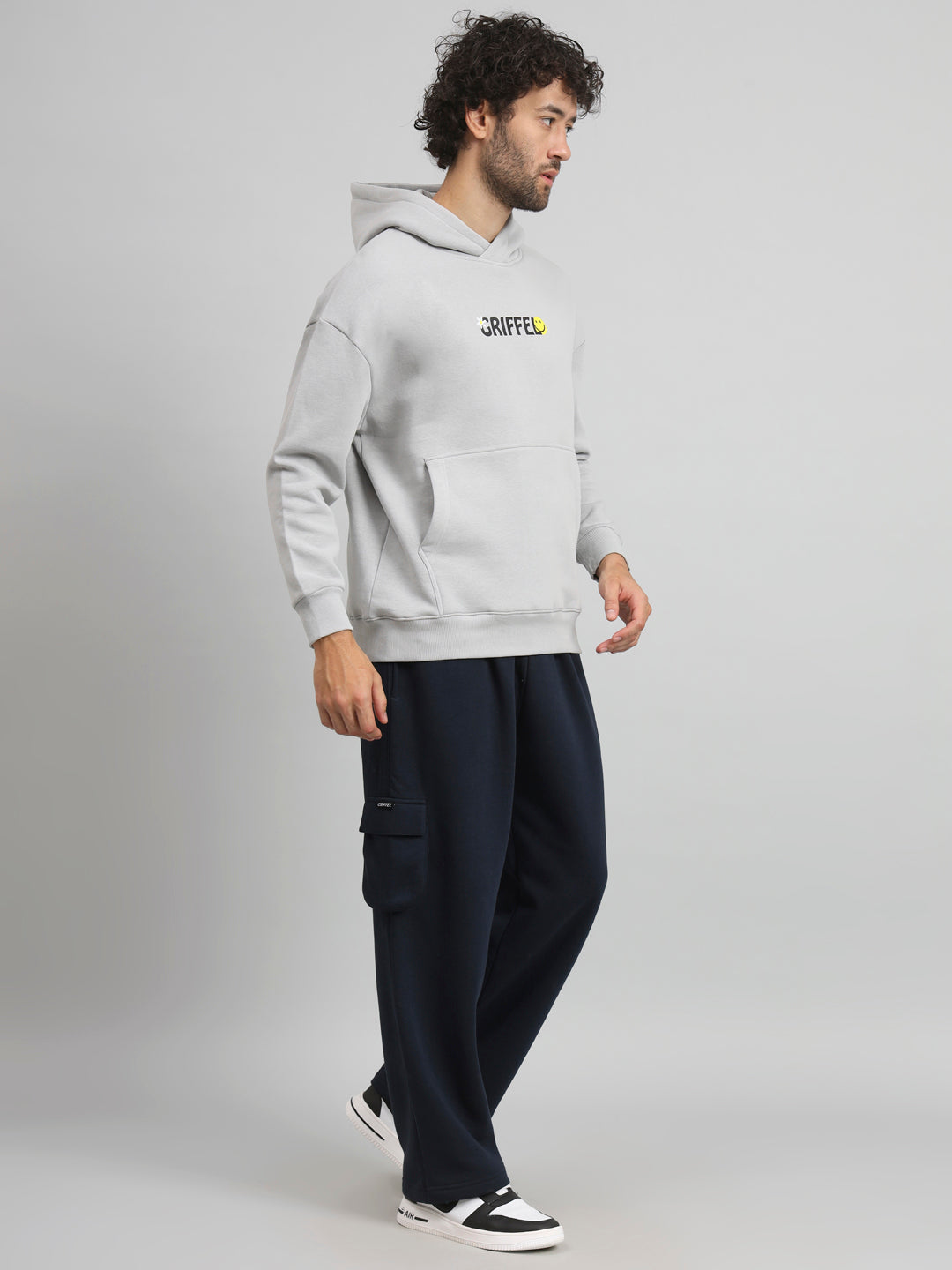 Griffel Men Oversized Fit Chill Vibe Print Front Logo 100% Cotton Steel Grey Fleece Hoodie and trackpant - griffel