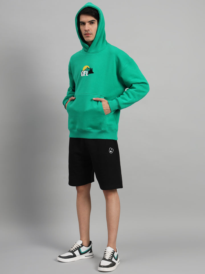 Griffel Men Oversized MOUNTAIN back Print 100% Cotton Neon Green Fleece Hoodie and Shorts - griffel