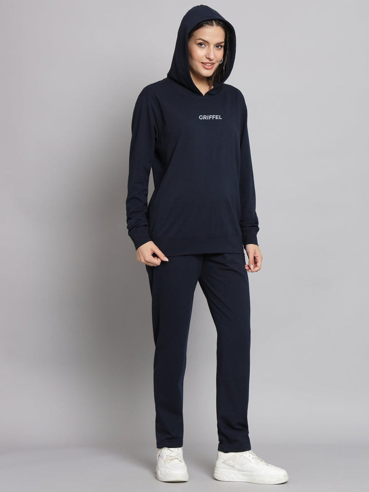 Griffel Women Solid Cotton Matty Basic Hoodie and Joggers Full set Navy Tracksuit - griffel