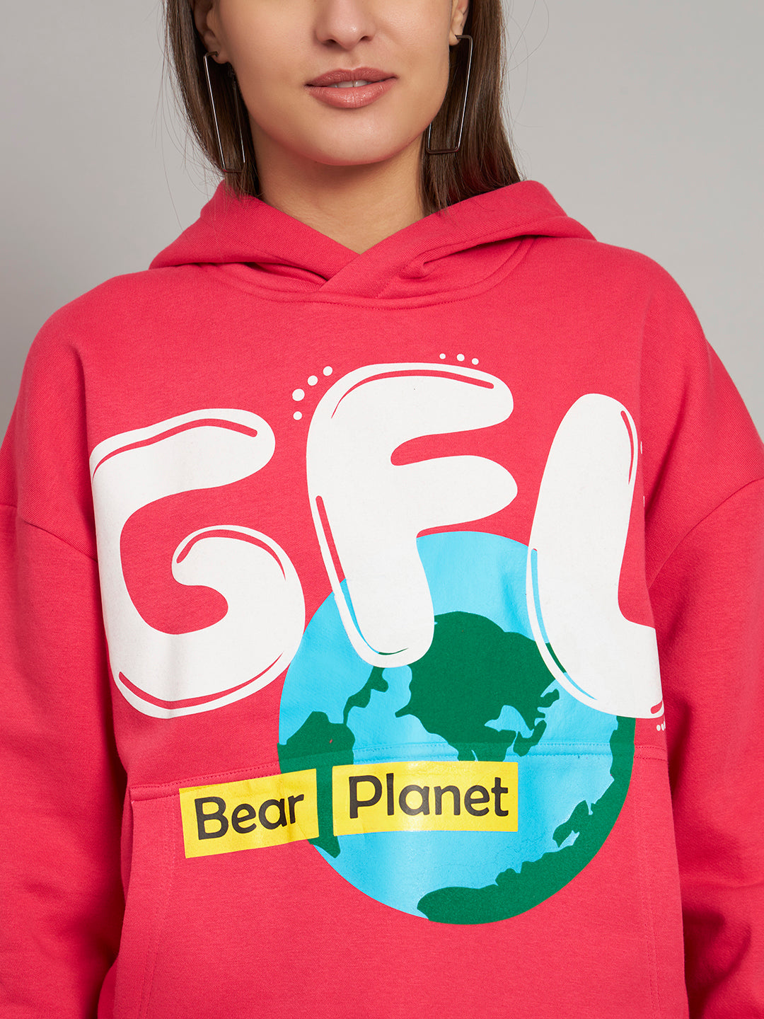 Griffel Women's Pink GFL Bear Planet print Oversized Fleece Hoodie Sweatshirt