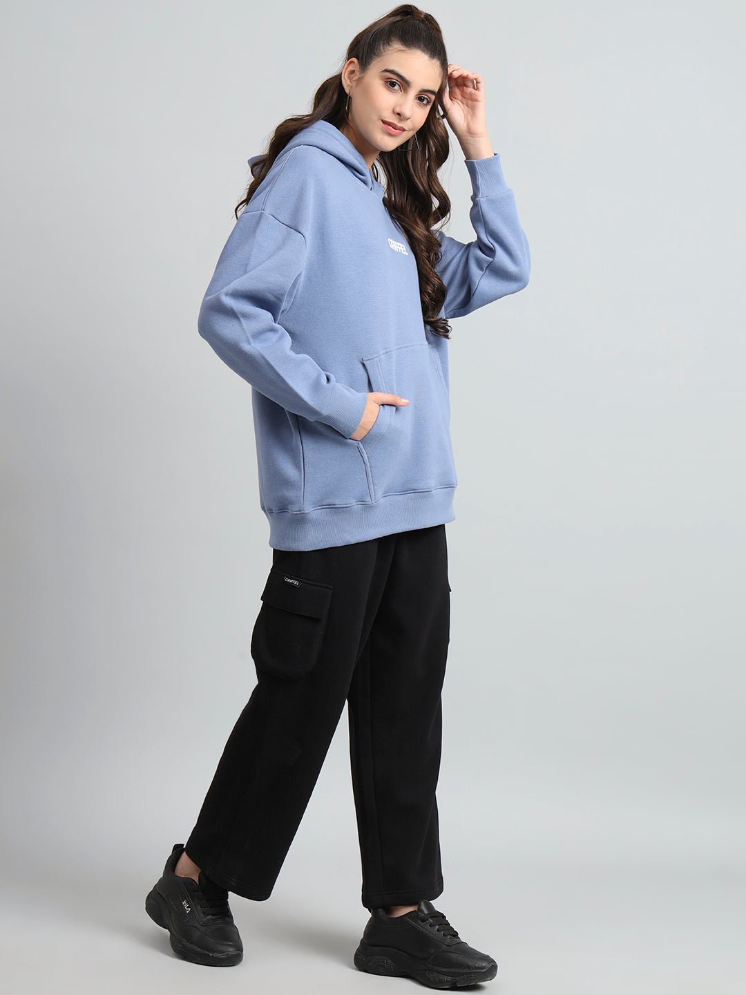 Griffel Women Oversized Fit Front Logo 100% Cotton Black Fleece Hoodie and trackpant - griffel