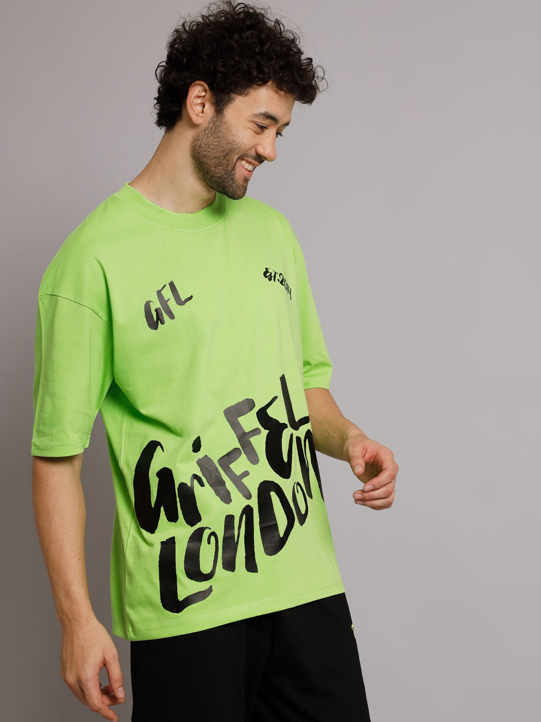 GRIFFEL Men Printed Neon green Oversized Drop Shoulder T-shirt - griffel