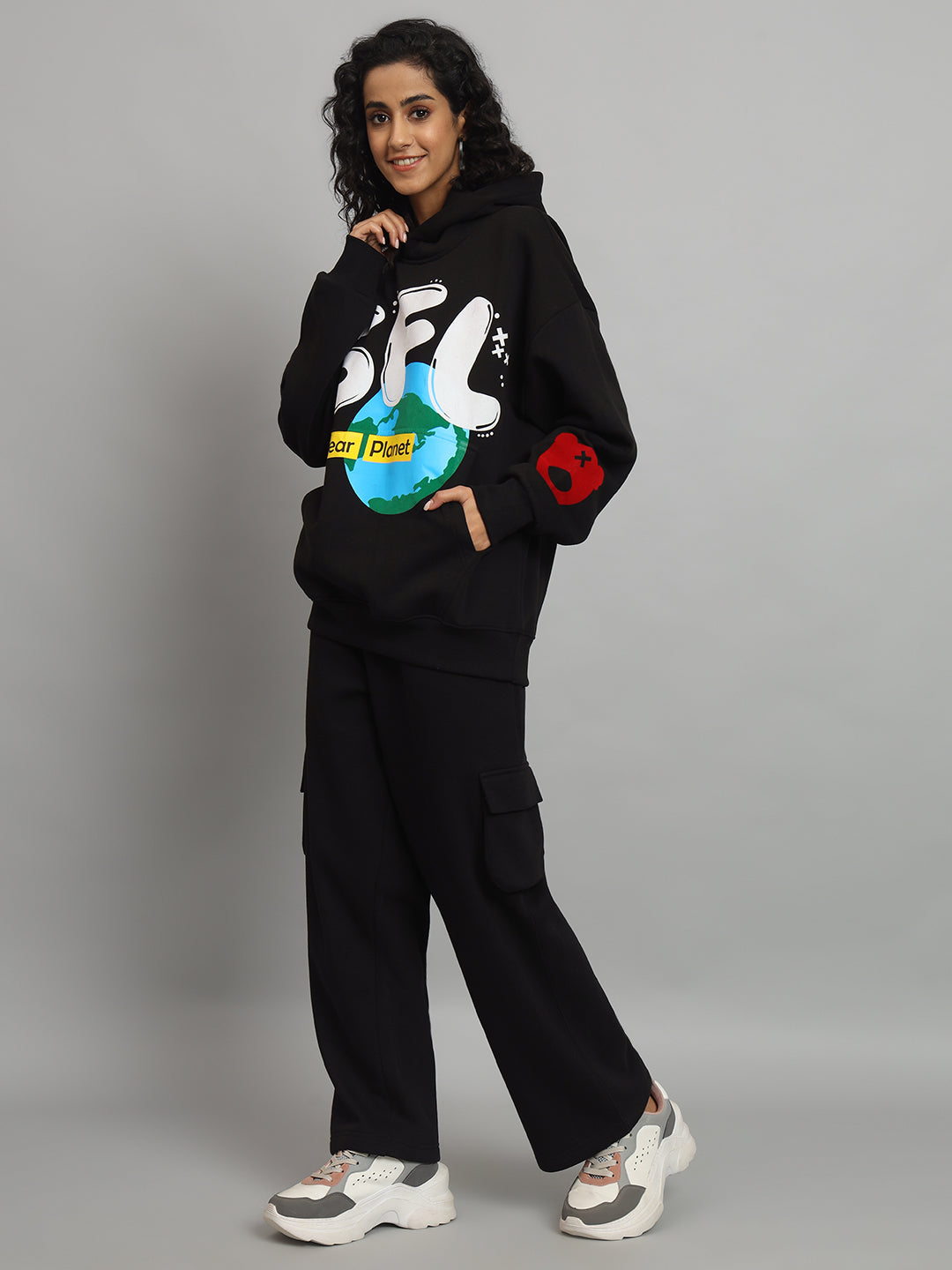 Griffel Women Oversized Fit EARTH Print 100% Cotton Black Fleece Hoodie and trackpant - griffel