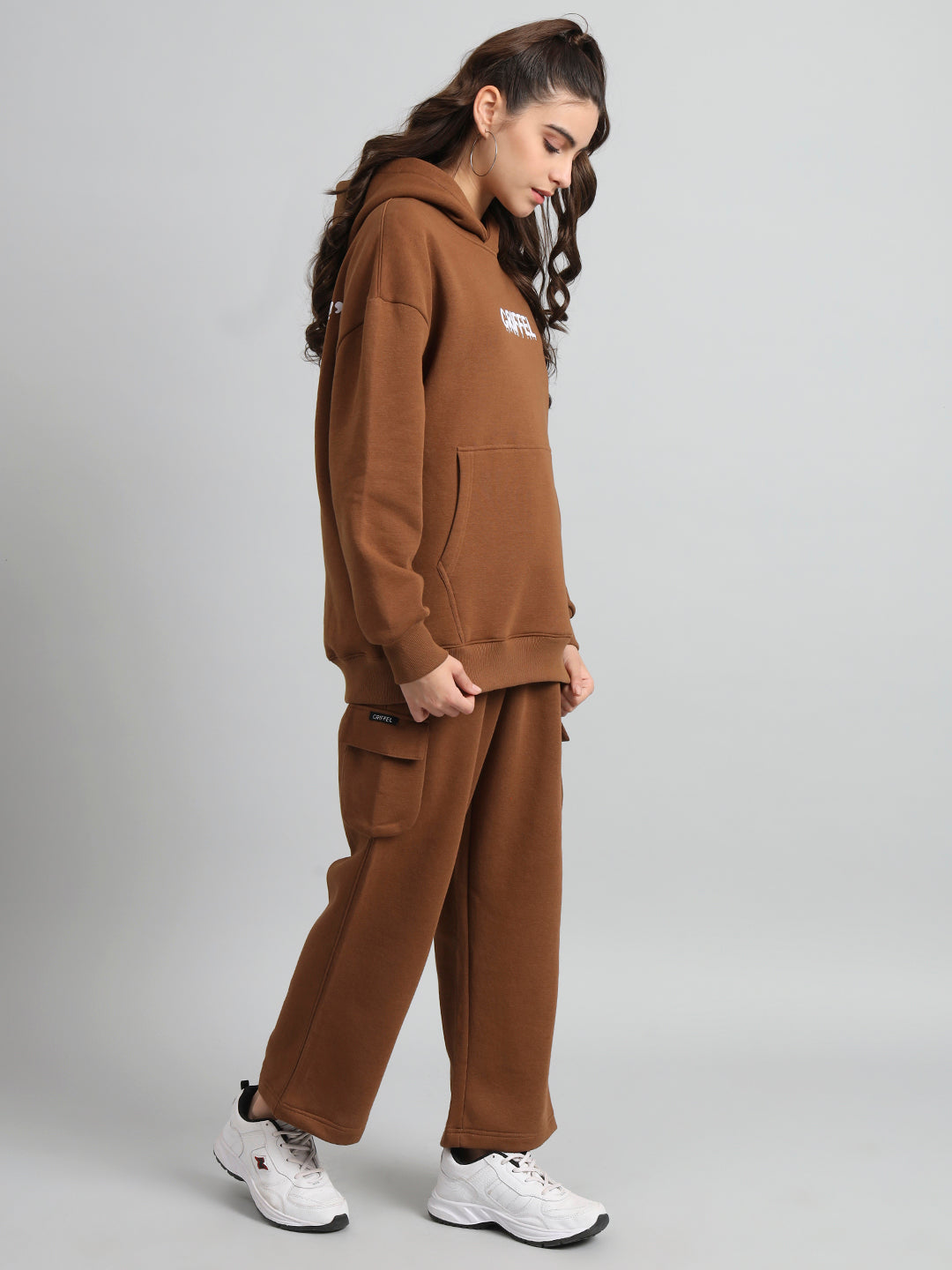 Griffel Women Oversized Fit Bear Family Print Front Logo 100% Cotton Brown Fleece Hoodie and trackpant