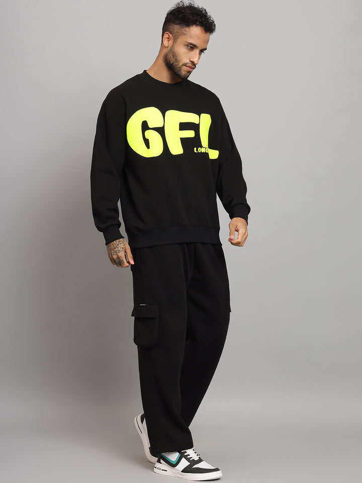 Griffel Men's Black GFL Print Oversized Round Neck 100% Cotton Fleece Black Sweatshirt - griffel