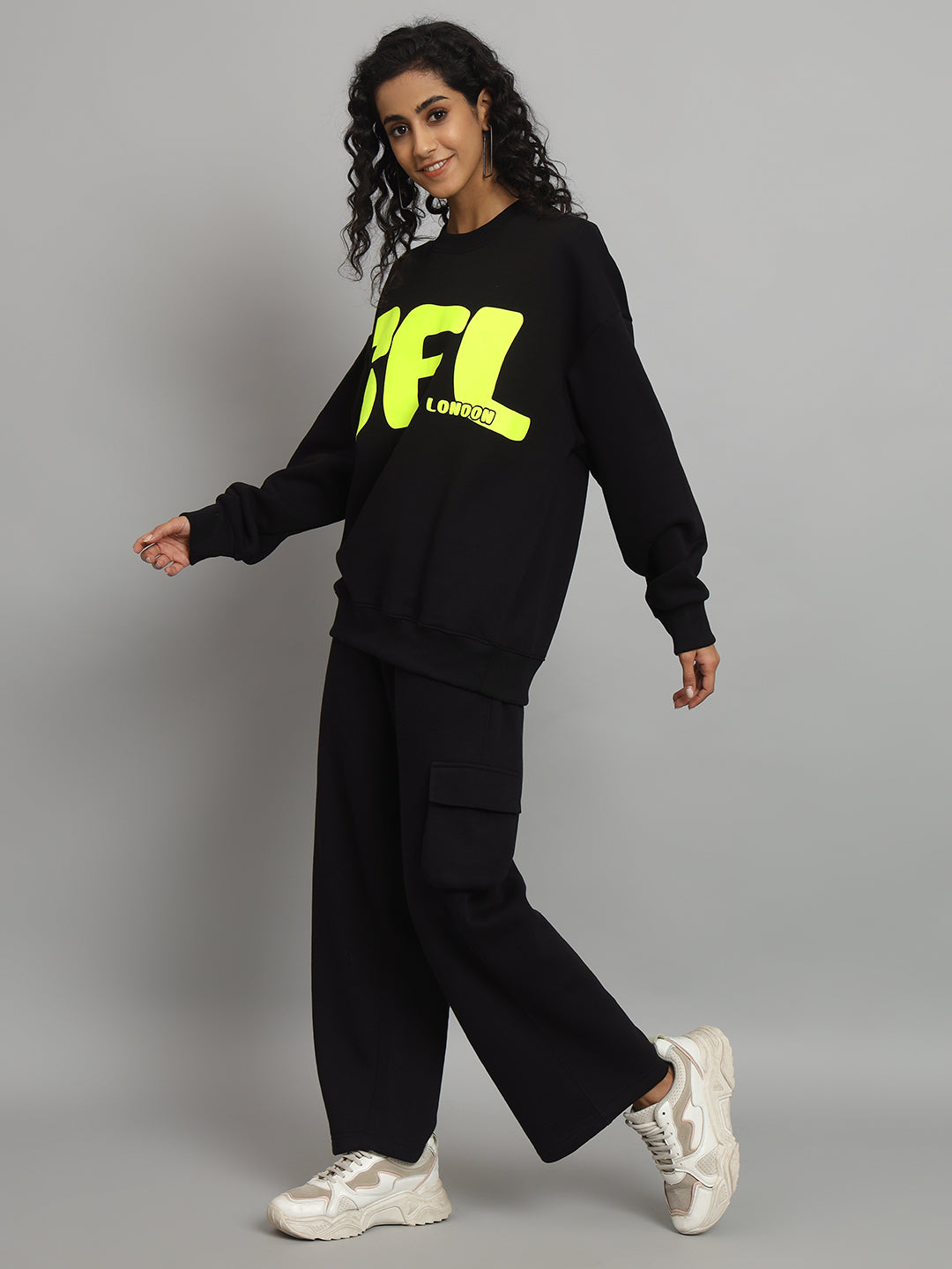 Griffel Women Oversized GFL Print Fit Basic Round Neck 100% Cotton Fleece Black Tracksuit - griffel