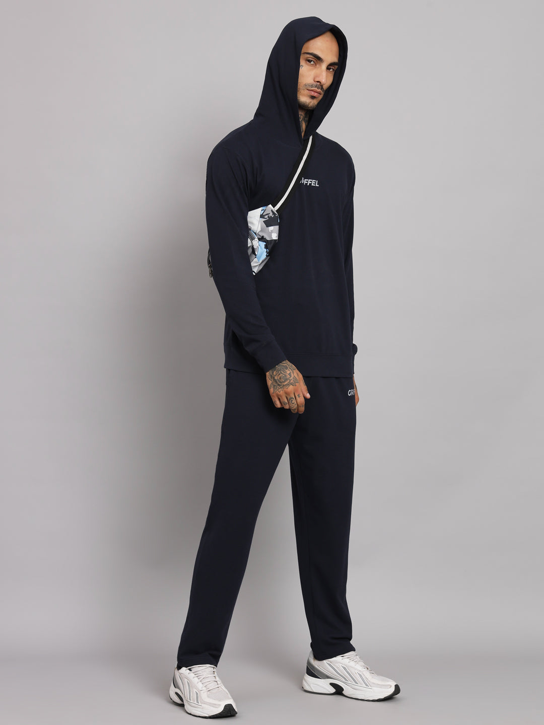 Griffel Men's Pre Winter Front Logo Solid Cotton Basic Hoodie and Joggers Full set Navy Tracksuit - griffel