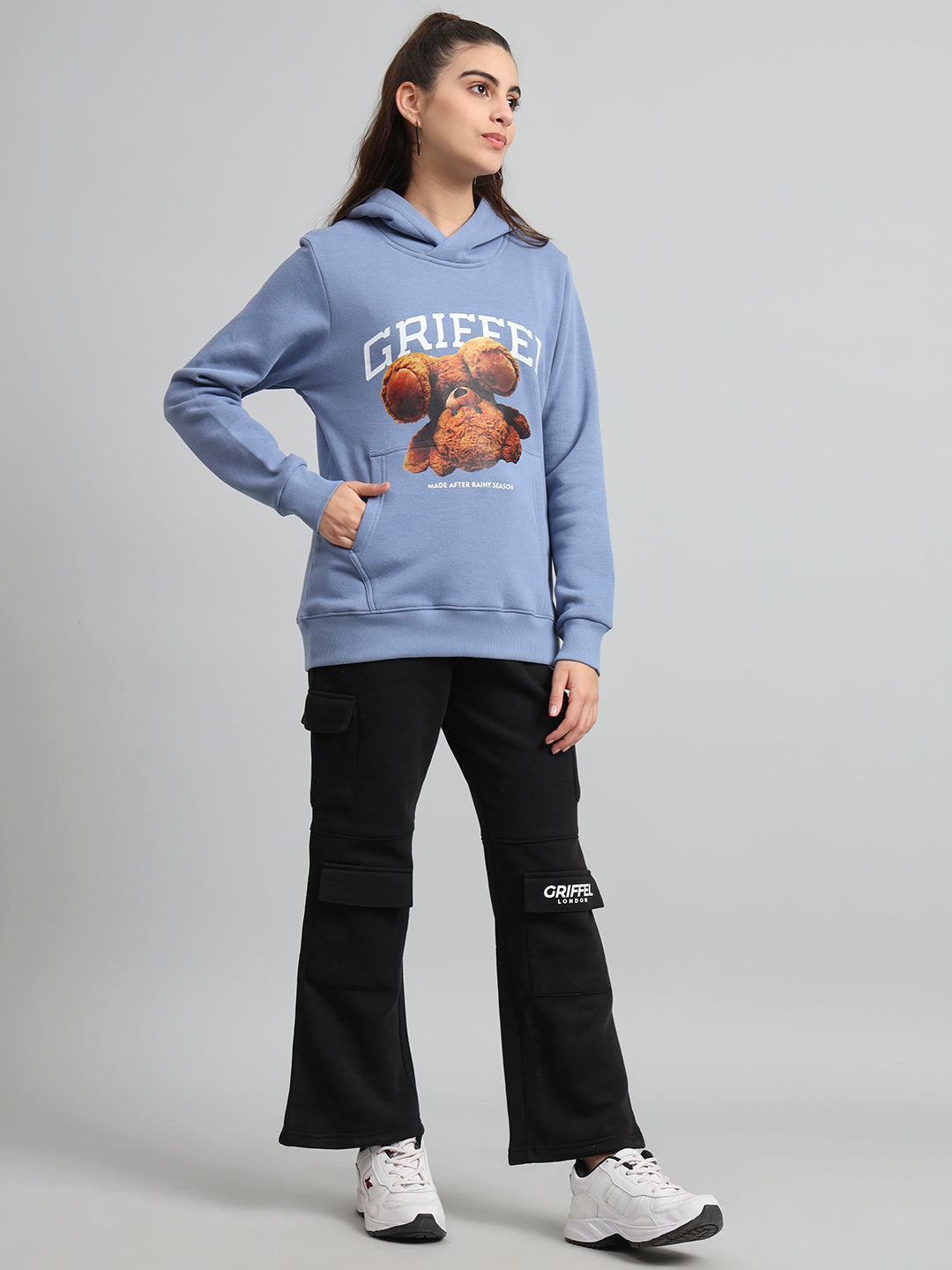 Griffel Women Regular Fit Bear Print Front Logo 100% Cotton Black Fleece Hoodie and trackpant - griffel