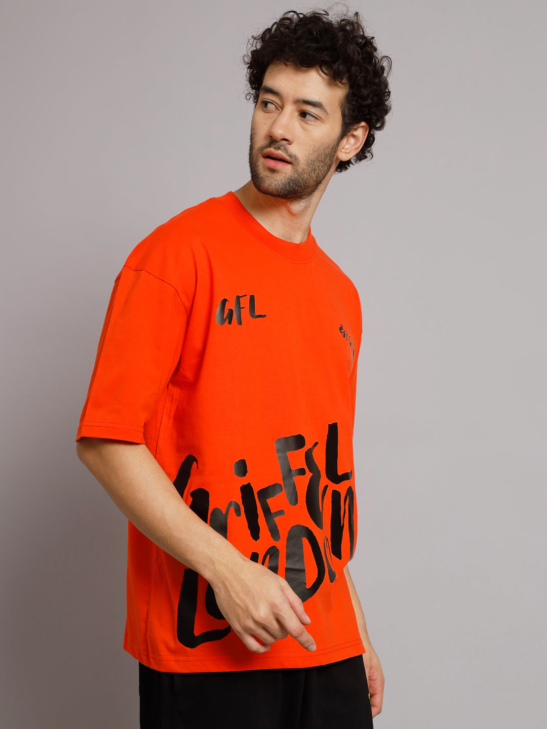 GRIFFEL Men Printed Neon Orange Oversized Drop Shoulder T-shirt - griffel