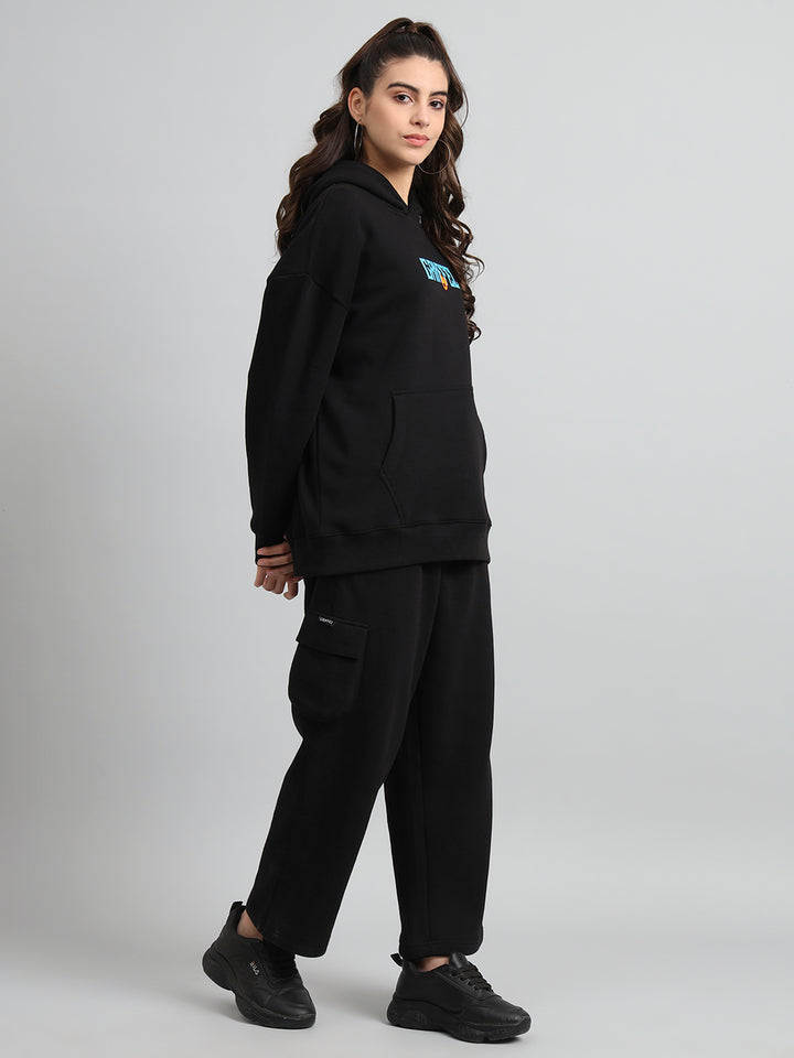 Griffel Women Oversized Fit New Era Print Front Logo 100% Cotton Black Fleece Hoodie and trackpant - griffel