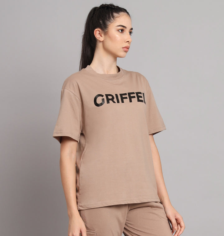 GRIFFEL Women Printed Loose fit Camel Brown T-shirt - griffel