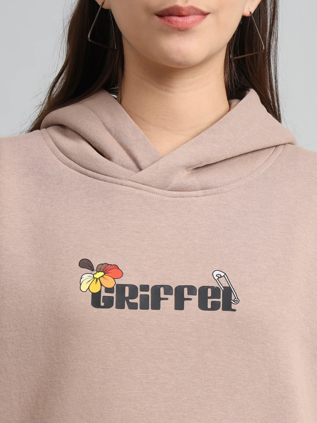 Griffel Women Oversized Fit Flower Print Front Logo 100% Cotton Camel Fleece Hoodie and trackpant - griffel