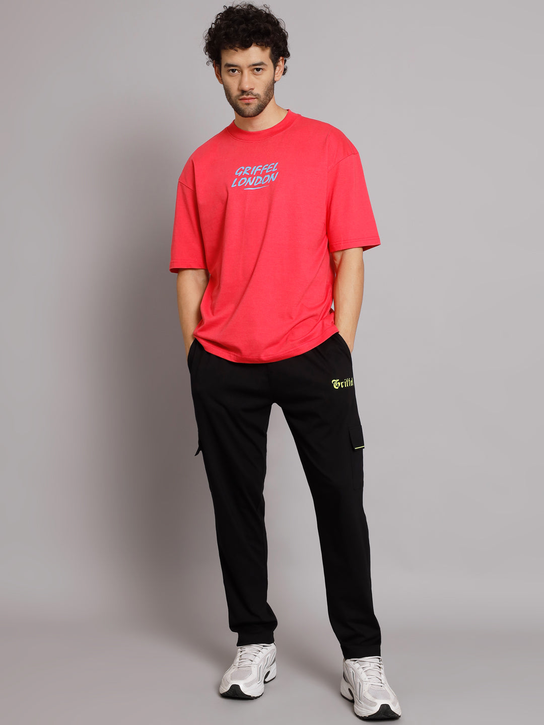 GRIFFEL Men Printed Neon Pink Regular fit T-shirt and Black Trackpant Set - griffel