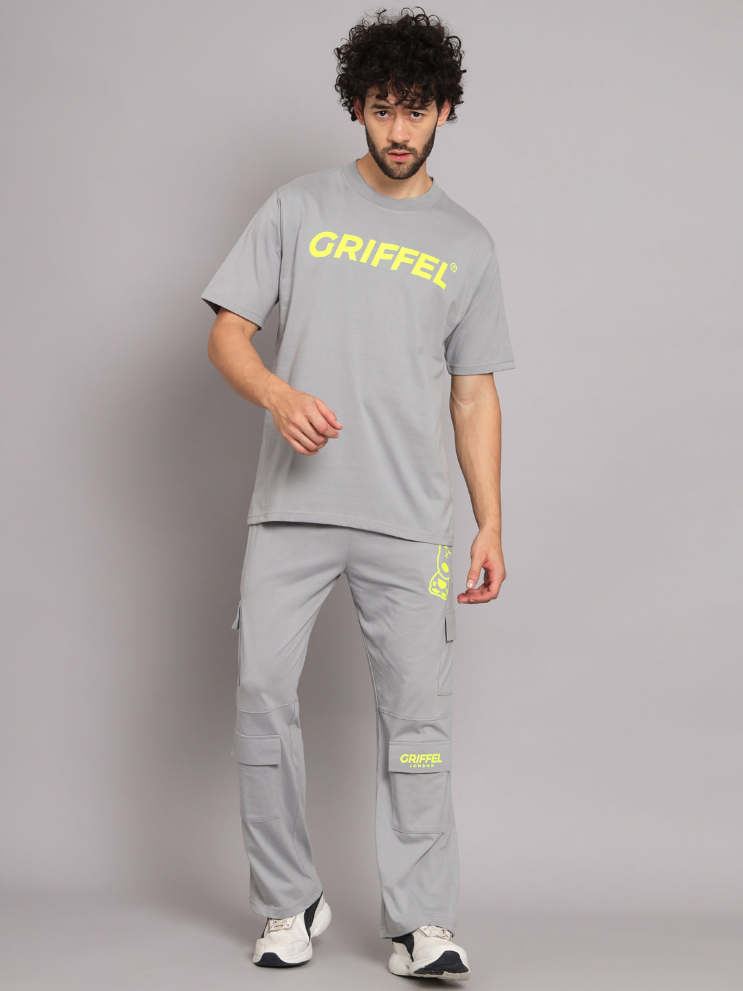 GRIFFEL Men Printed Steel Grey Loose fit T-shirt and Bell Bottom Trackpant Set - griffel