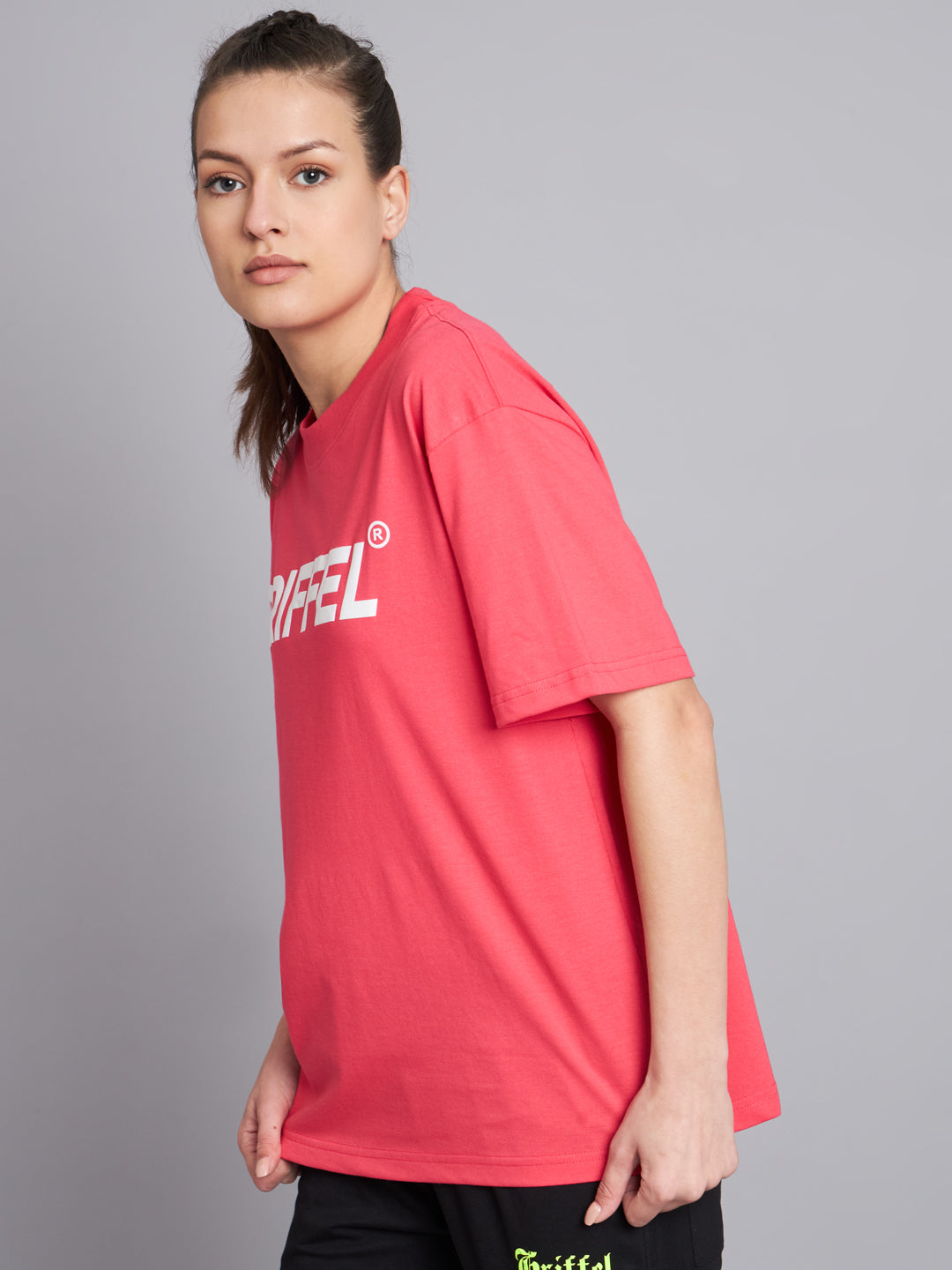 GRIFFEL Women SIGNATURE LOGO Oversized Drop Shoulder Neon Pink T-shirt - griffel