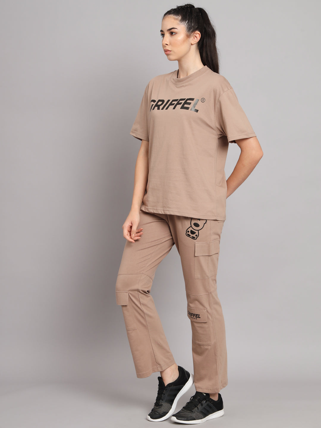 GRIFFEL Women Printed Loose fit Camel T-shirt and Bell Bottom Trackpant Set - griffel