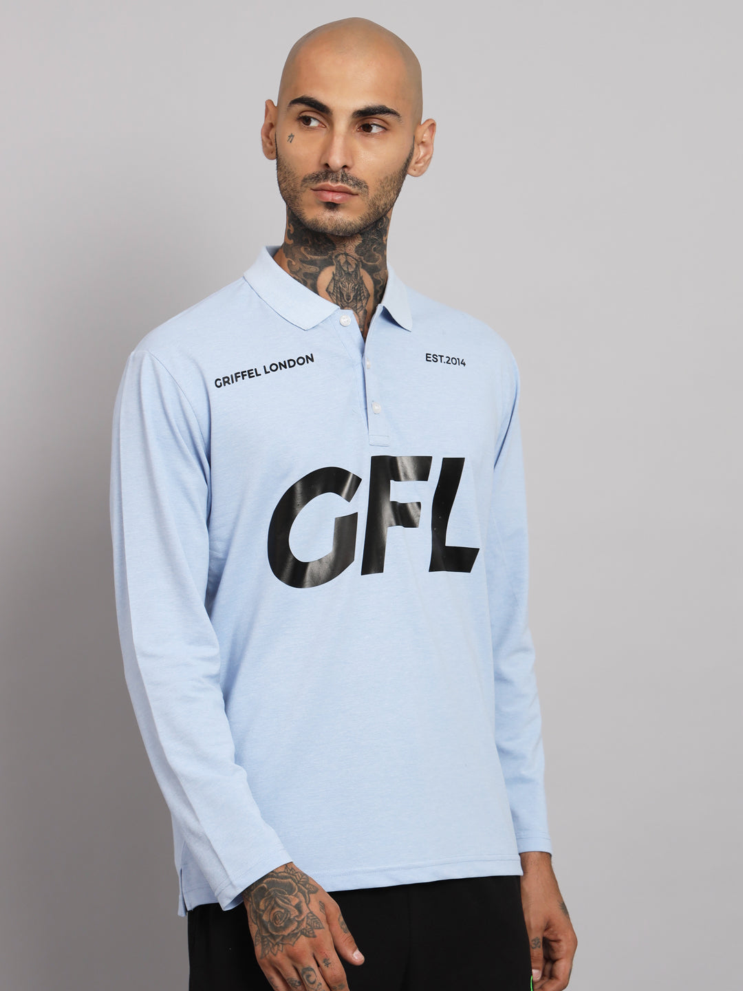 GRIFFEL Men's Sky Blue GFL Printed Cotton Full Sleeve Polo T-shirt - griffel