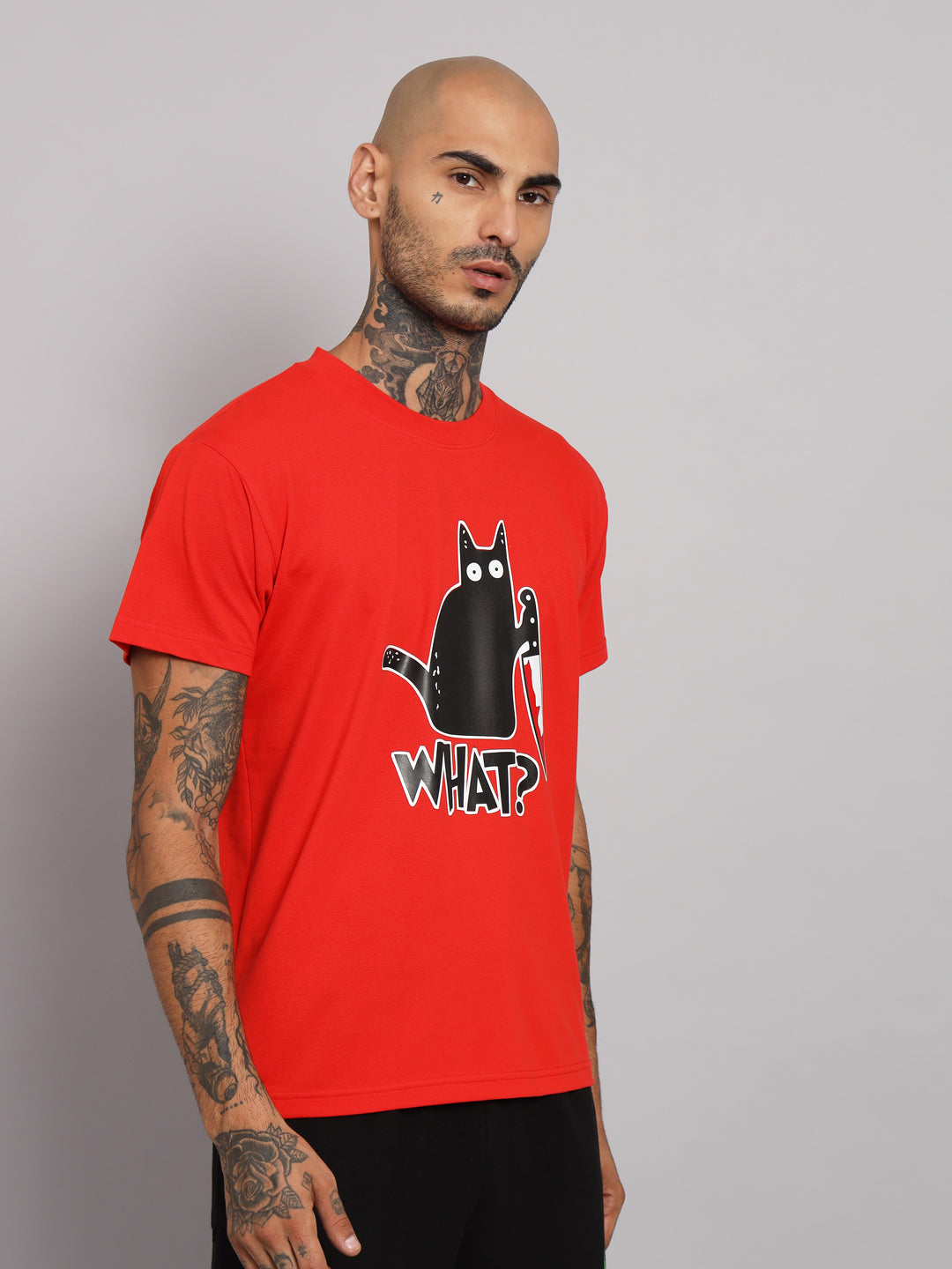 GRIFFEL Men WHAT CAT Printed Red Regular fit Cotton T-shirt