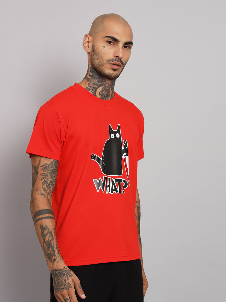 GRIFFEL Men WHAT CAT Printed Red Regular fit Cotton T-shirt - griffel