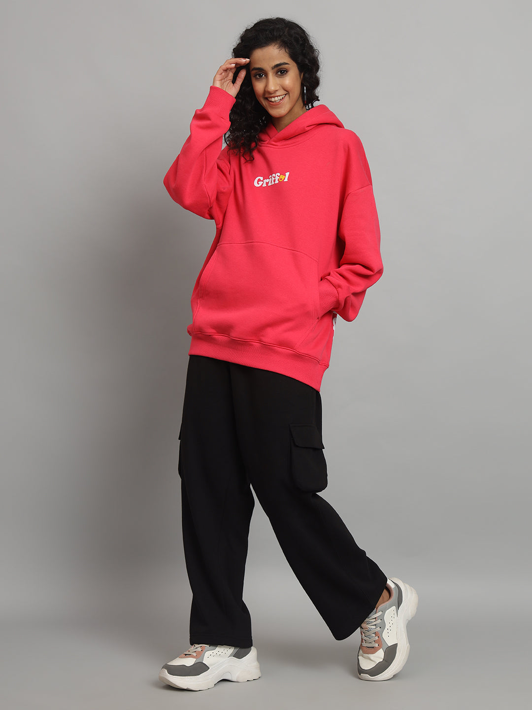 Griffel Women Oversized Fit HOW DO I Print 100% Cotton Neon Pink Fleece Hoodie and trackpant - griffel