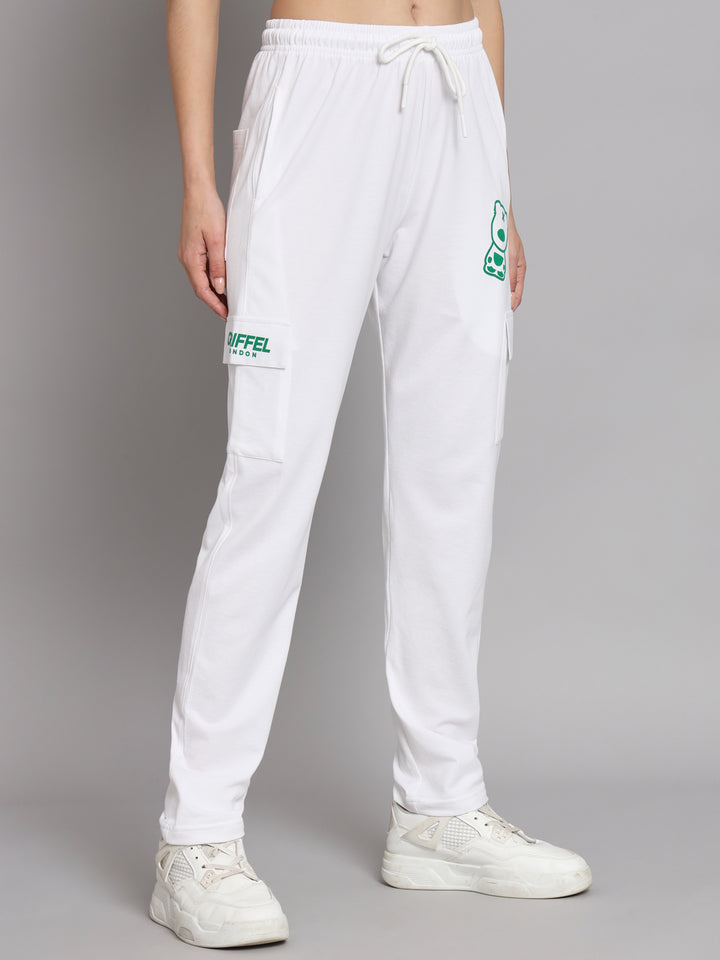 Griffel Women’s Front Teddy Logo 6 Pocket White Cotton Matty Trackpant