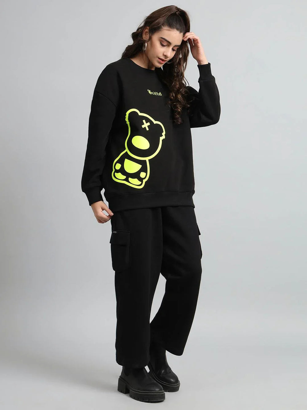 Griffel Women Oversized Fit Teddy Print Round Neck 100% Cotton Fleece Black Tracksuit - griffel