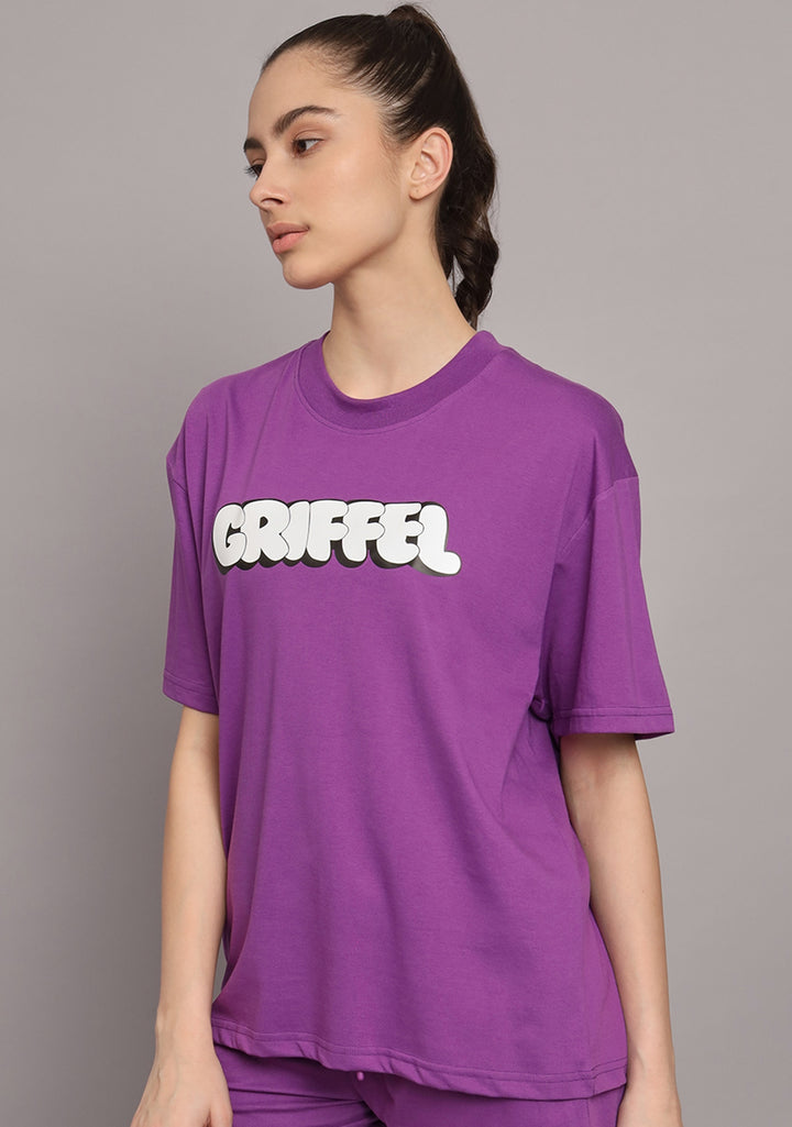GRIFFEL Women Printed Loose fit Dark Purple T-shirt - griffel