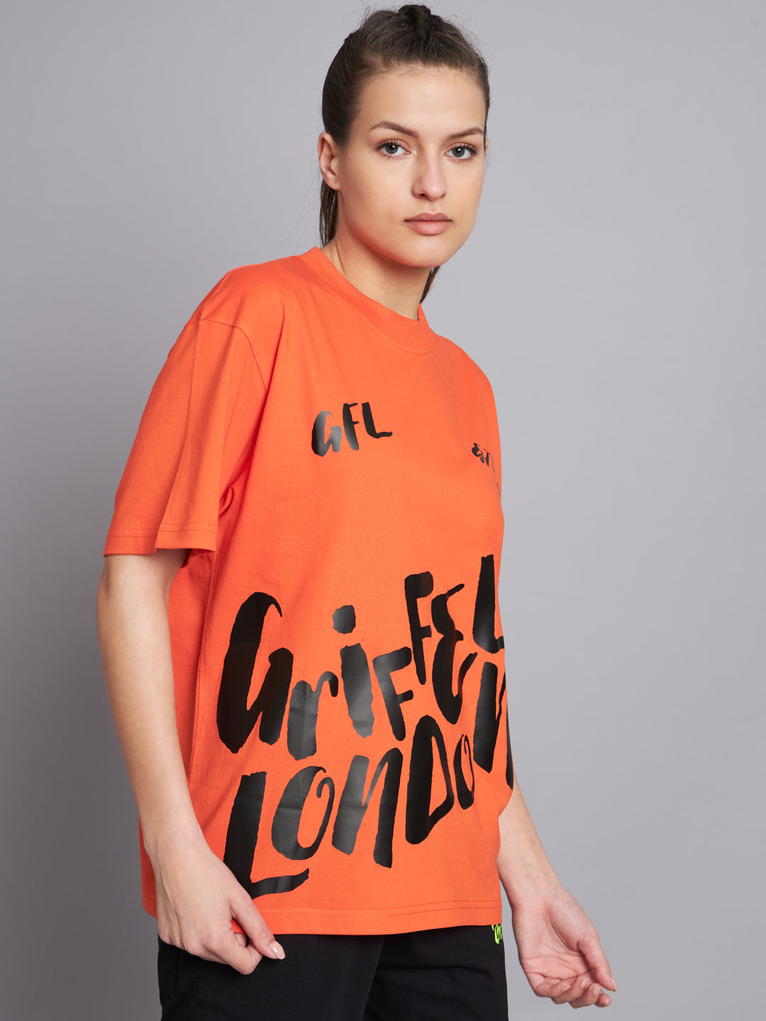 GRIFFEL Women Neon Orange Printed Oversized Loose fit T-shirt and Trackpant Set - griffel