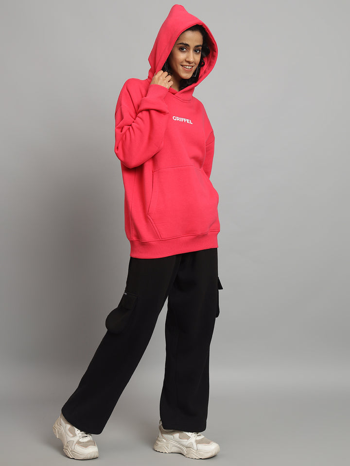 Griffel Women Oversized Fit Front Logo 100% Cotton Neon Pink Fleece Hoodie and trackpant - griffel