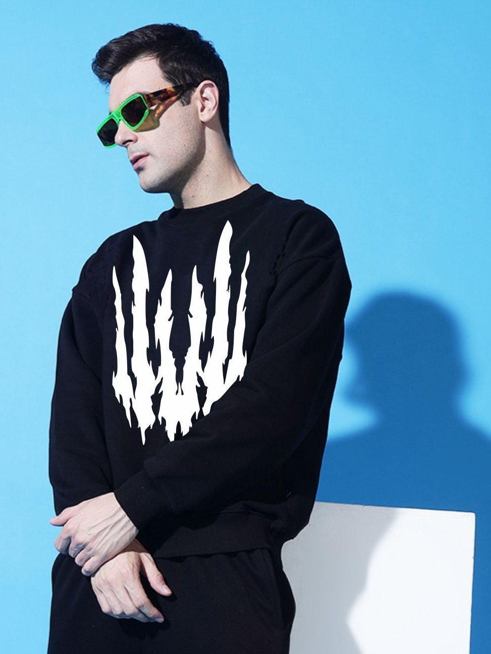 Wild energy Oversized Black Cotton Fleece round neck sweatshirt