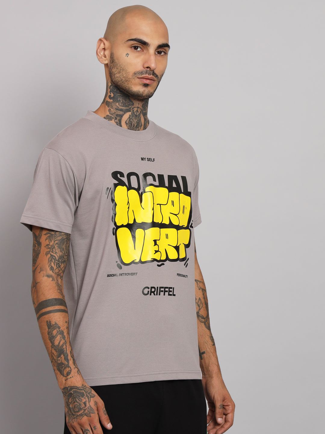 GRIFFEL Men SOCIAL Printed Steel Grey Regular fit Cotton T-shirt - griffel