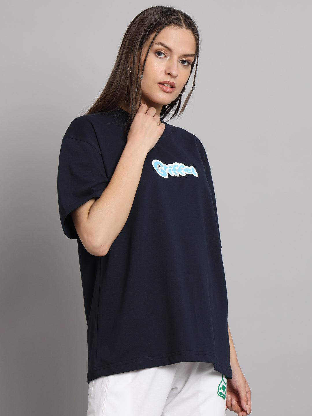 GRIFFEL Women I SAY MORE Printed Loose fit Navy T-shirt