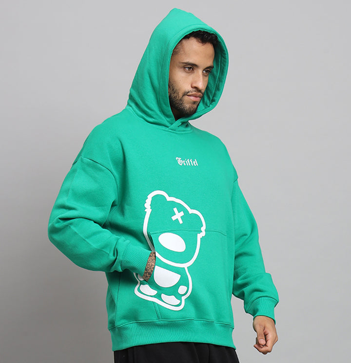 Griffel Men's TEDDY Logo Oversized Fleece Hoodie Bottel Green Sweatshirt - griffel
