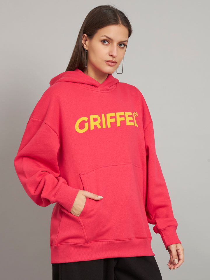 Griffel Women Oversized Fit Pink Cotton Front Logo Fleece Hoodie Sweatshirt with Full Sleeve - griffel