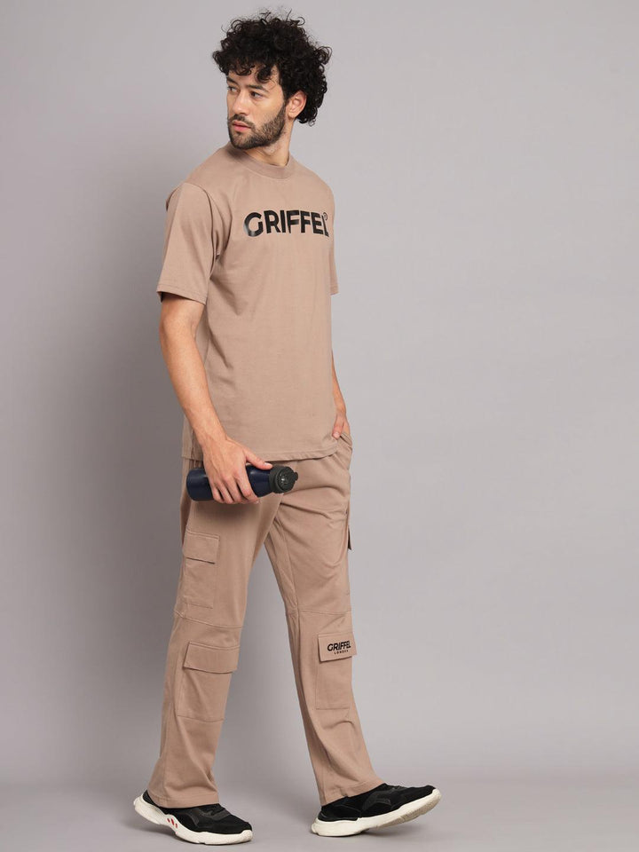 GRIFFEL Men Printed Black Loose fit T-shirt and Bell Bottom Trackpant Set