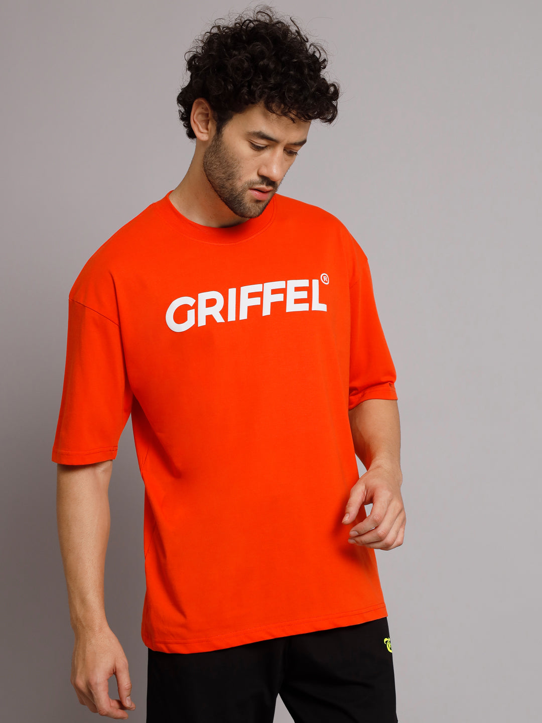 GRIFFEL Men Signature Logo Neon Orange Oversized Drop Shoulder T-shirt - griffel